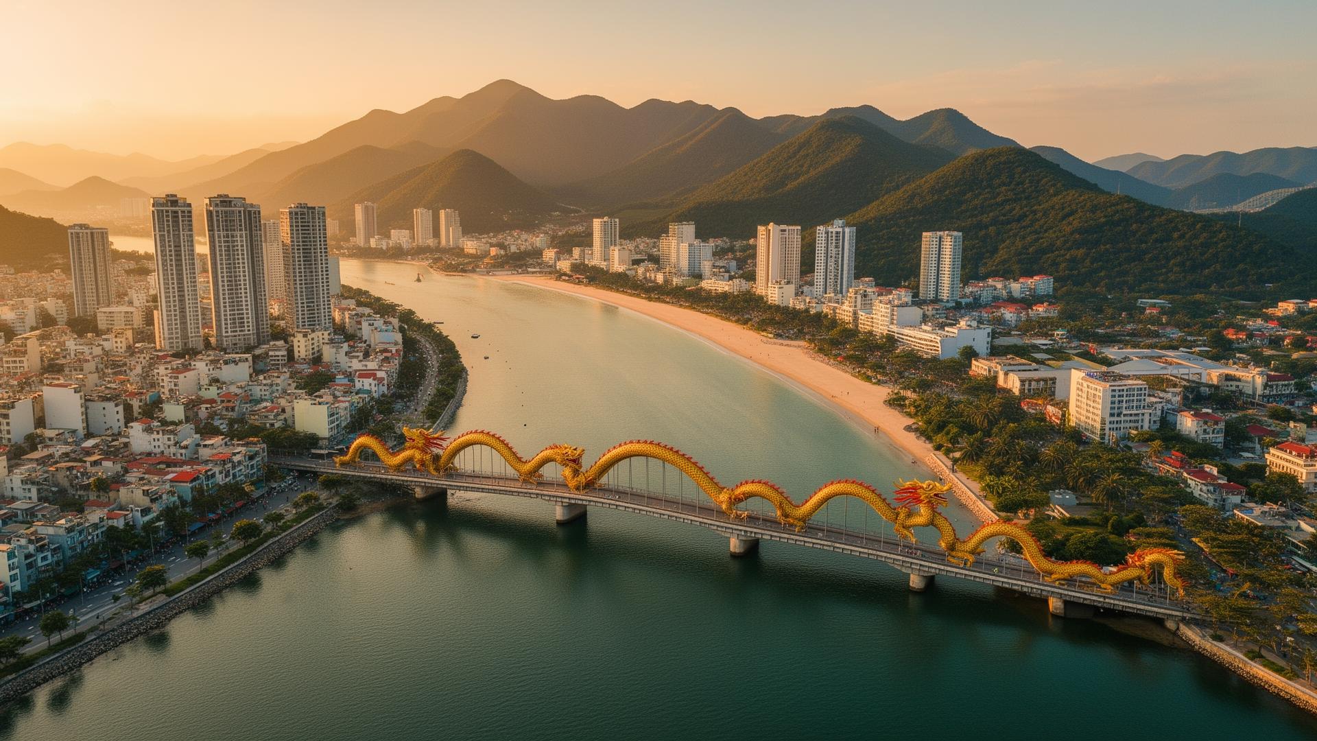 Vista panorámica de Da Nang y su puente del Dragón al atardecer