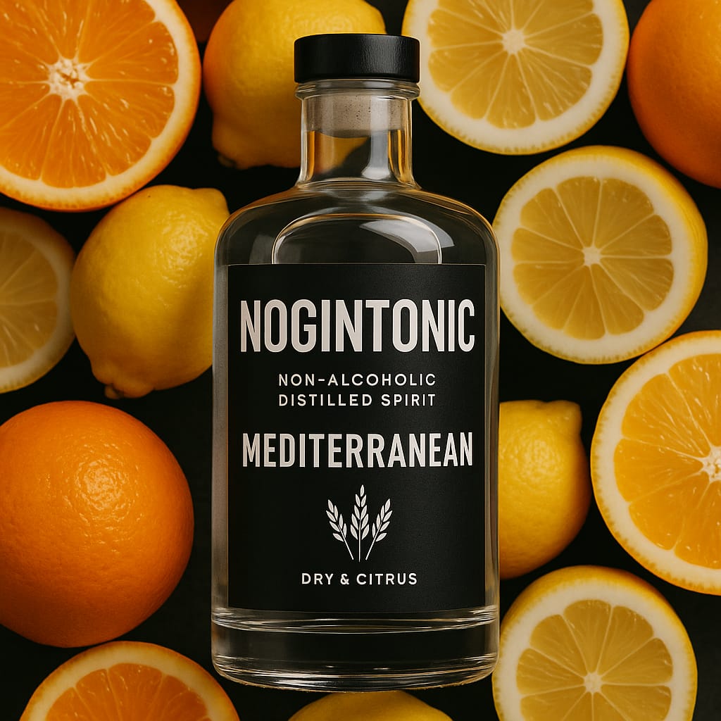Botella Mediterranean de NoGinTonic rodeada de cítricos